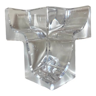 1990s Daum Three Section Cubist Clear and Frosted Crystal Vide Poche Bowl Sculpture For Sale