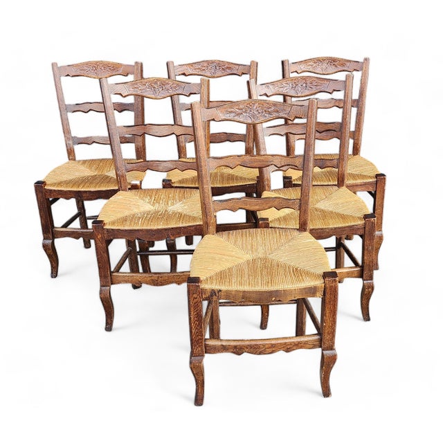 Set 6 20th Century French Country Oak Ladder Back Rush Seated Dining ...
