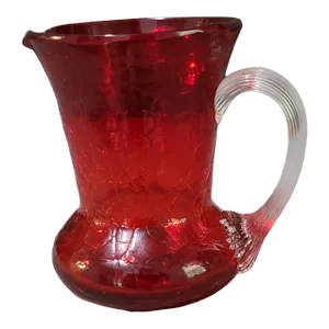 Vintage Hand-Blown Cranberry Crackle Glass Creamer Cruet