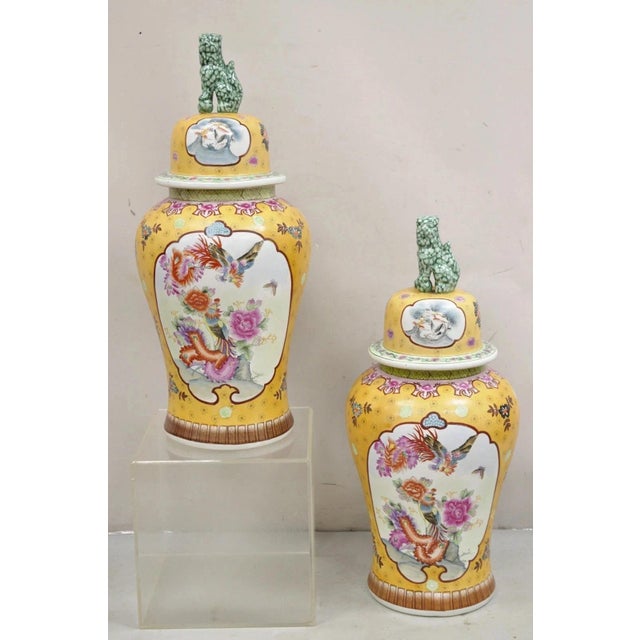 Vintage Chinese Porcelain Large Foo Dog Covered Temple Urns Ginger Jars - A Pair For Sale - Image 12 of 12