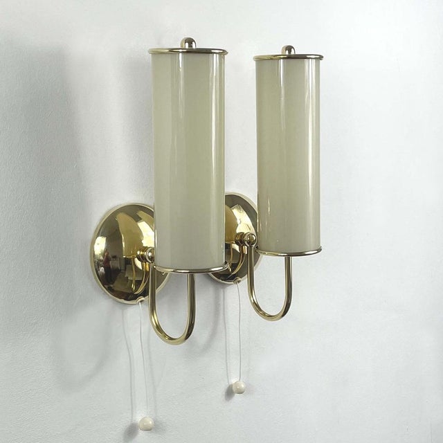 Art Deco Tubular Opaline Glass & Brass Sconces, Germany, 1930s, Set of 2 For Sale - Image 3 of 15