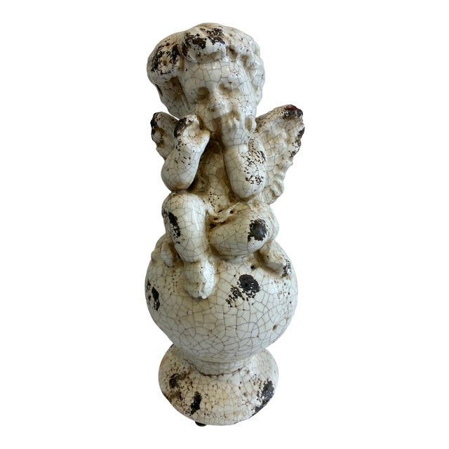 Vintage Crackle Glaze Ceramic Cherub Statue For Sale