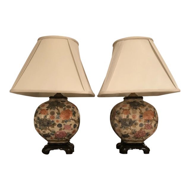 Chinese Floral Painted Table Lamps - a Pair For Sale