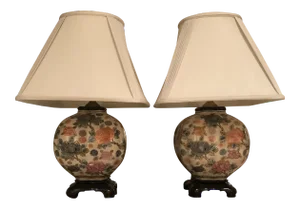 Chinese Floral Painted Table Lamps - a Pair