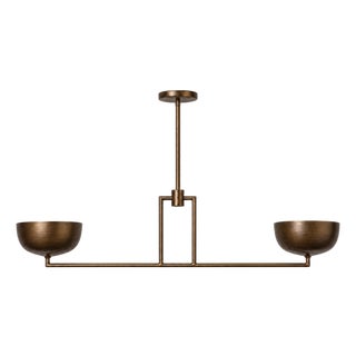 Handcrafted Brass 2-Light Linear Chandelier With Metal Bowl Shades, Dining Table Chandelier, Kitchen Island Lighting For Sale