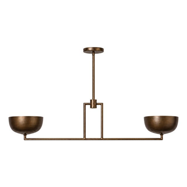Handcrafted Brass 2-Light Linear Chandelier With Metal Bowl Shades, Dining Table Chandelier, Kitchen Island Lighting For Sale