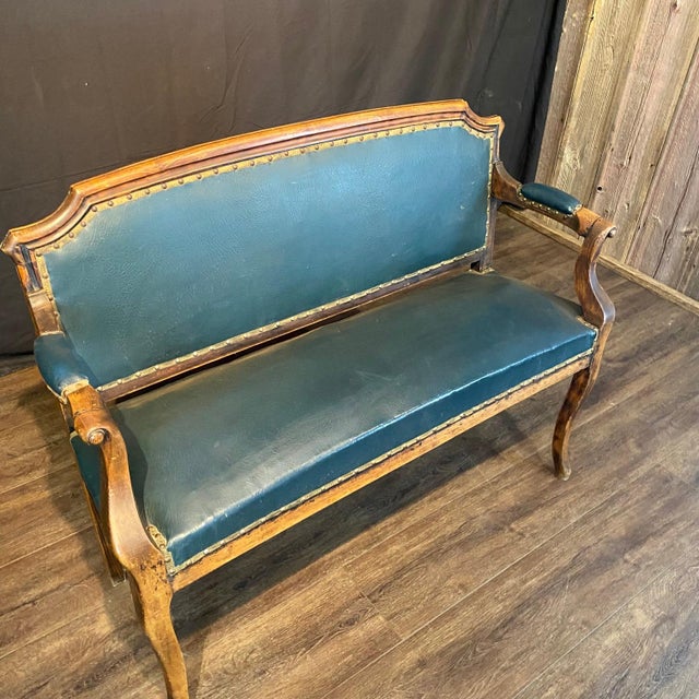 French Antique Louis XV French Walnut and Faux Leather Bench, Settee or Loveseat For Sale - Image 3 of 9