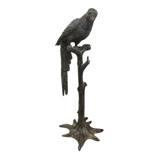 Vintage Cast Bronze Perched Parrot Sculpture on Naturalistic Tree Stump Base For Sale