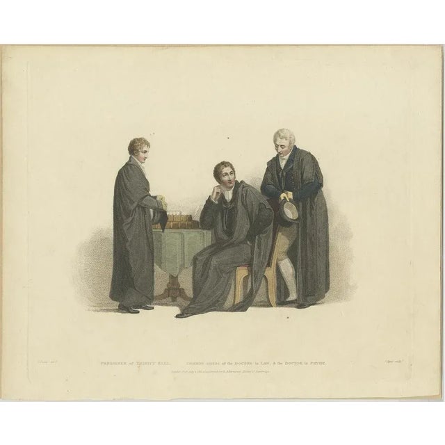 Antique print titled 'Pensioner of Trinity Hall - Common Dress of the Doctor in Law & The Doctor in Physic'. Portraits of...
