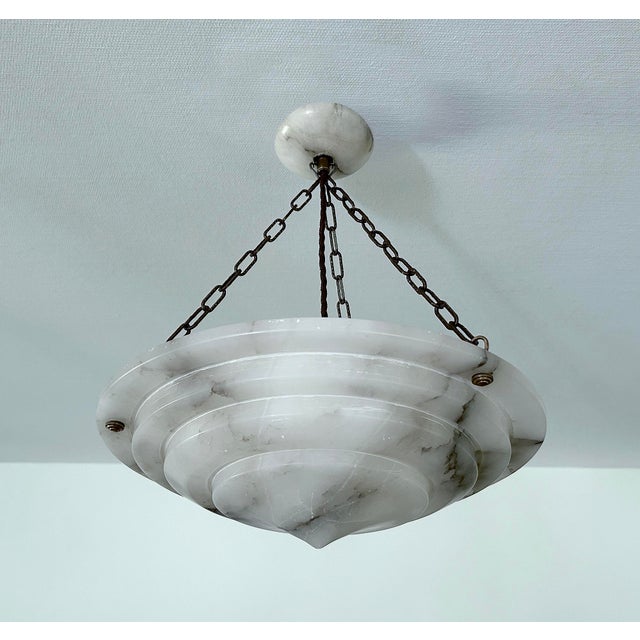 Stone Art Deco French Pendant Light in Alabaster Marble, 1930s For Sale - Image 7 of 18