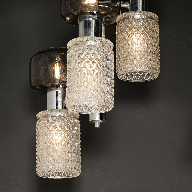 Mid-Century Pressed Crystal & Smoked Murano Glass Staggered 3-Arm Pendant For Sale - Image 12 of 14