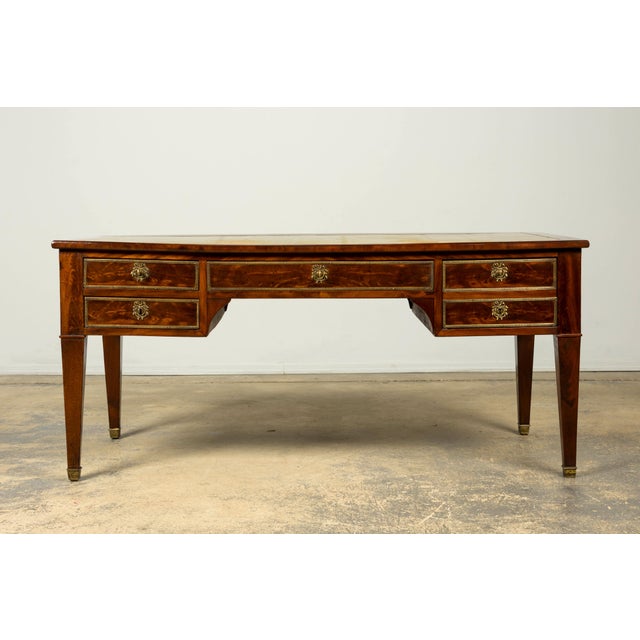 Neoclassical Mid-19th Century French Neoclassical Mahogany Bureau Plat Desk With Chartreuse Leather For Sale - Image 3 of 18