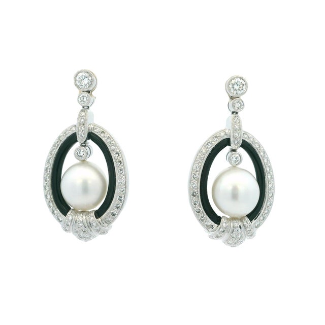 Vintage 18k White Gold South Sea Pearl, Onyx and 5 Carat Diamond Earrings, Pair For Sale - Image 4 of 10