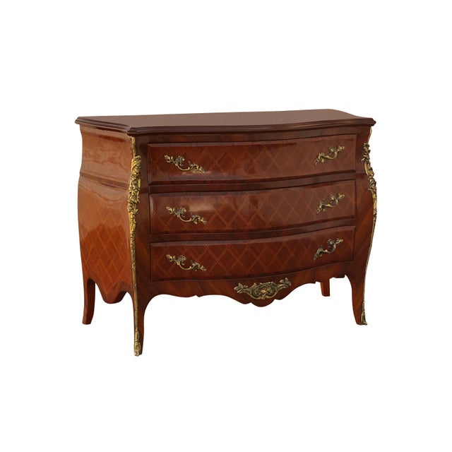 Vintage French Louis Inlaid and Gilt Bombe Commode For Sale - Image 11 of 11