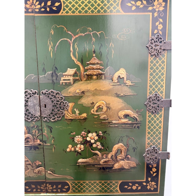 Vintage Alexander Bros. Green Asian Lacquered Bar Cabinet/Cupboard on Barley Twist Stand For Sale - Image 4 of 12