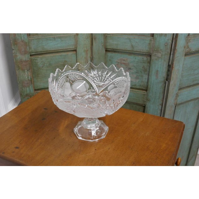 Large French Tazza etched crystal pedestal fruit dish. A beautiful piece of etched crystal showing pictures of fruits, the...