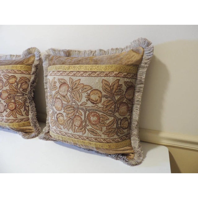 Set of '2' Brown and Gold Arts & Crafts Tapestry square decorative pillows. Woven tapestry with chenille fabric frames,...