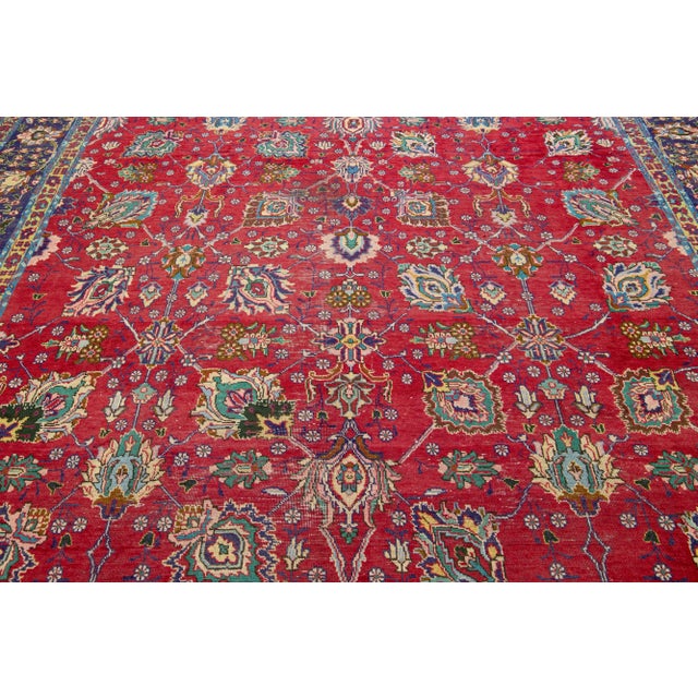 Textile 1960s Vintage Floral Tabriz Persian Wool Rug in Red For Sale - Image 7 of 7