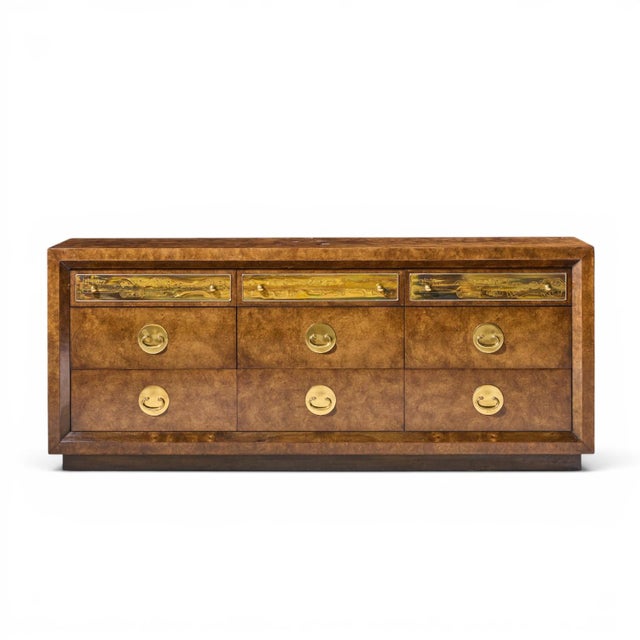 Bernhard Rohne for Mastercraft Mid Century Burlwood and Acid Etched Brass Dresser This lowboy measures: 78 wide x 19 deep...