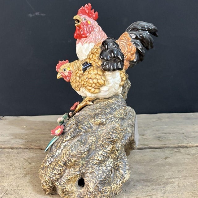 Asian Vintage Shiwan Pottery Rooster & Hen on Plum Branch - 12.5" Tall For Sale - Image 3 of 9