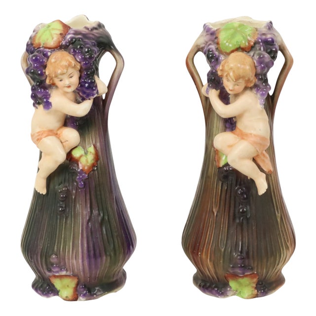 Art Nouveau Amphora Style Pottery Vases with Putti, 1890s, Set of 2 For Sale