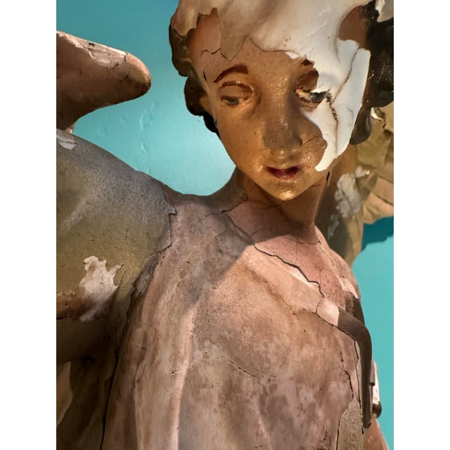 Monumental antique plaster church wall sculpture depicting two angels beneath a flowing banner inscribed “Gloria in...