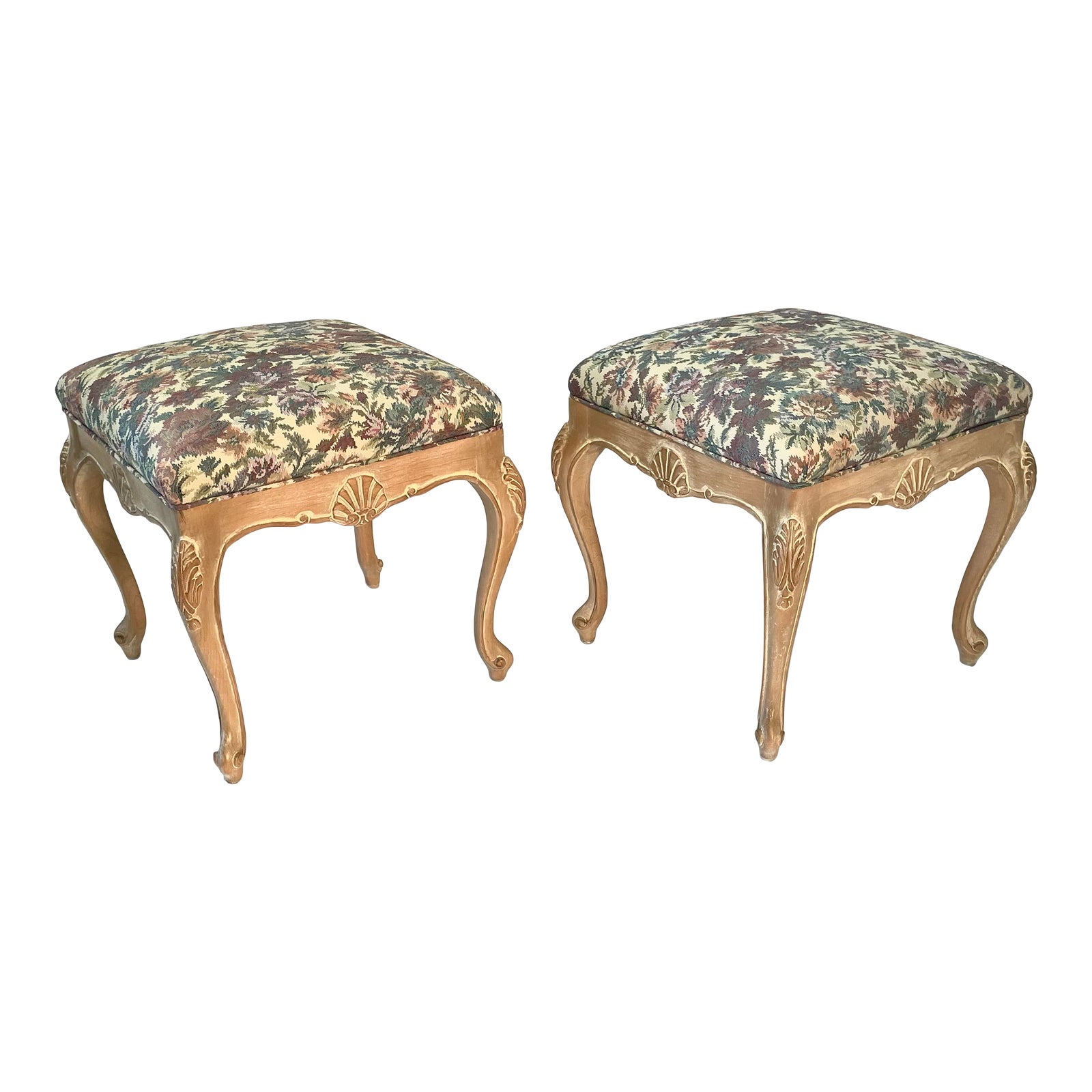 1980s Pair Vintage Shell Carved Country French Ottomans Stools | Chairish