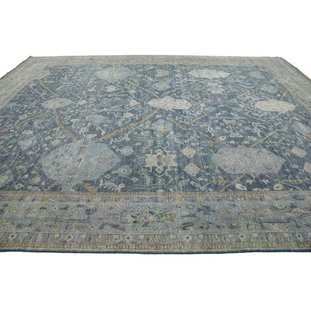 Modern Blue Tabriz Indian Wool Rug Handmade With Allover Pattern by Apadana For Sale - Image 4 of 9