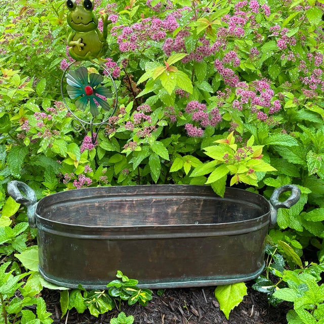 Vintage Copper Hammered Basin French Country Basin Planter With Steel Handles For Sale - Image 11 of 11
