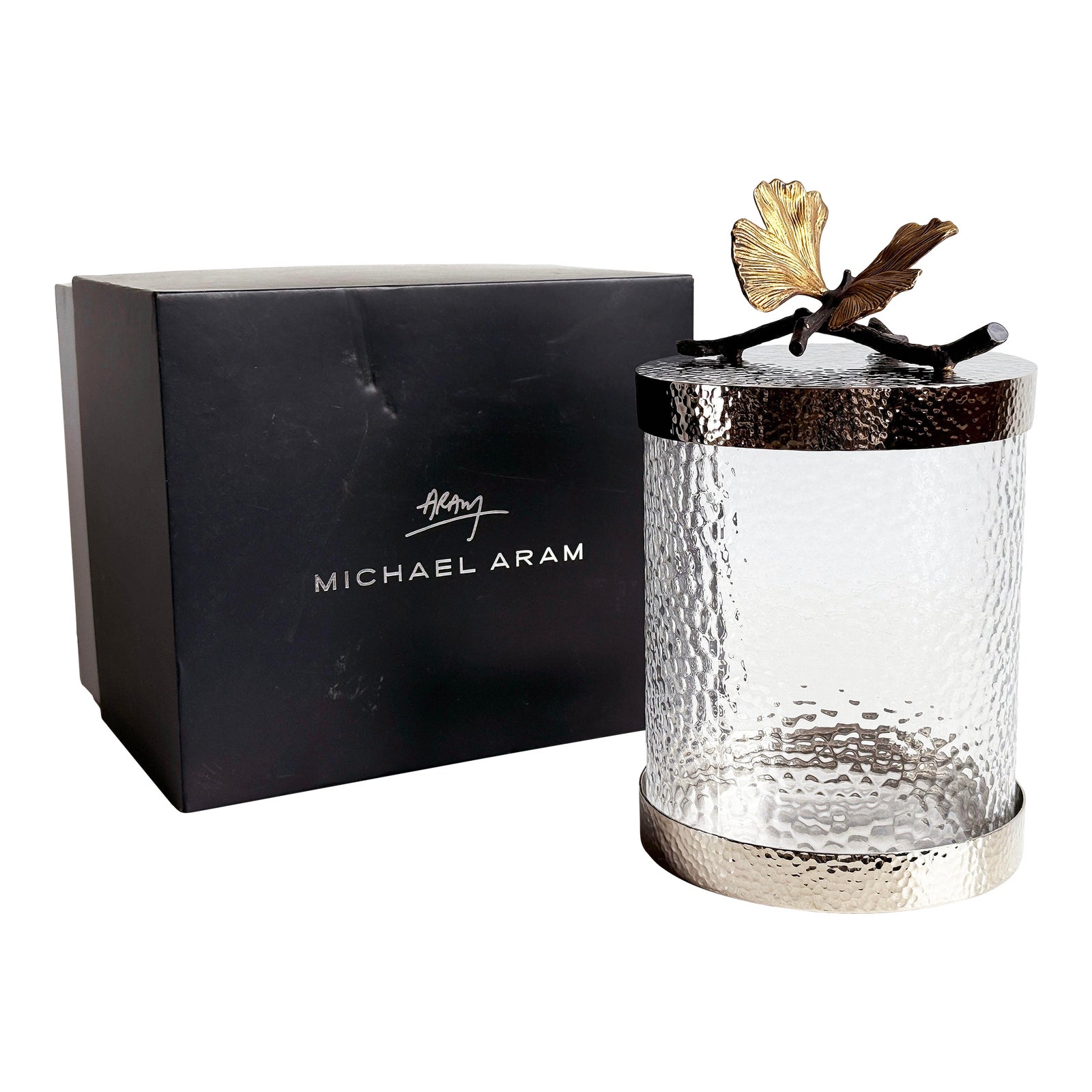 Vintage Michael Aram Silver & Gold Ginkgo Leaf Glass Lidded Jar