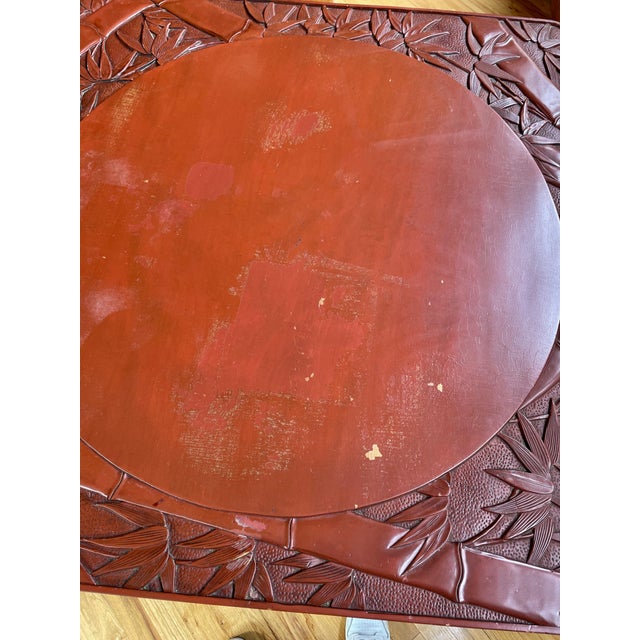 Oxblood Red 1900s Chinoiserie Style Lacquer Hand Carved Two Tier Table With Bamboo and Lotus Motifs in the Style of Liberty C1900 - For Sale - Image 8 of 11