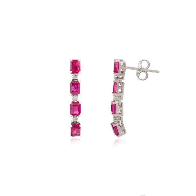 Art Deco Modernist Sterling Silver Ruby & Diamond Line Earrings With Emerald-Cut Stones- A Pair For Sale - Image 3 of 10