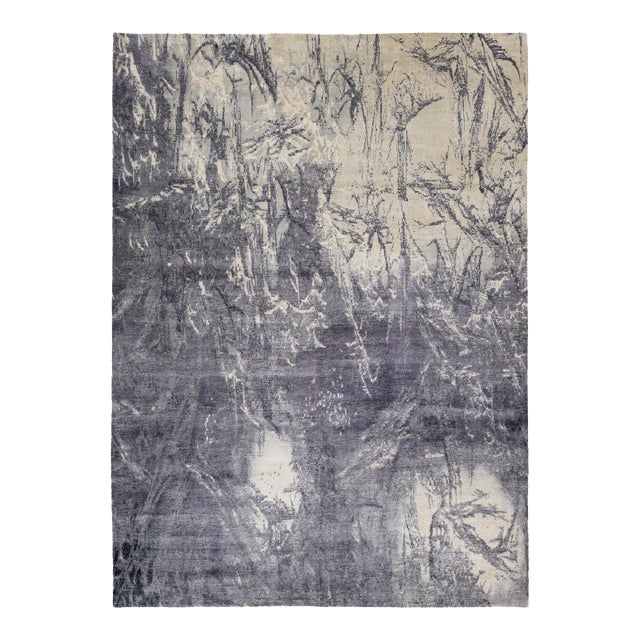 Gray Contemporary Handmade Silk Rug With Abstract Design For Sale