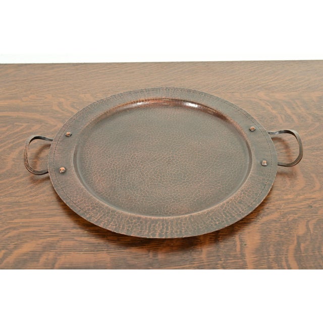 A gorgeous Arts & Crafts period hand hammered copper large serving tray with handles By Roycroft (signed with impressed...