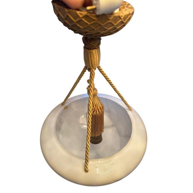 Swedish Art Deco Alabaster Style Glass Pendant Lamp with Gilt Rope Detailing, 1940s For Sale - Image 3 of 7