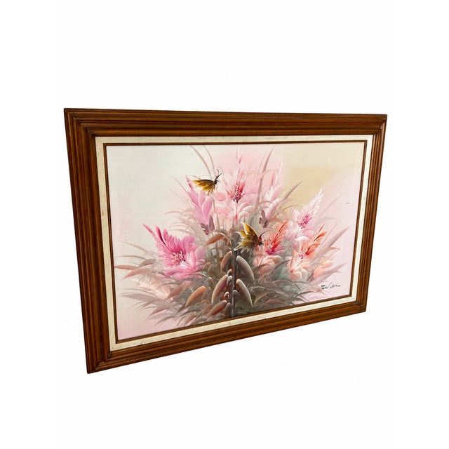A softly luminous floral painting featuring pink, peach, and ivory blossoms surrounded by flowing sage-gray foliage. Two...