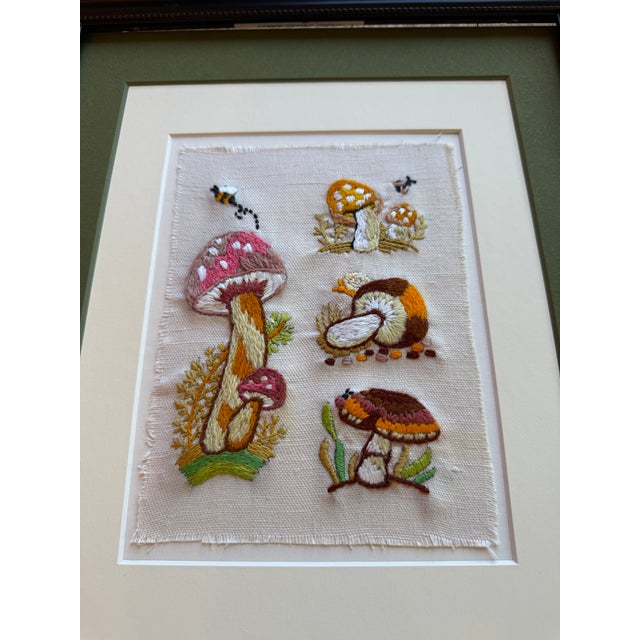 Folk Art Mid 20th Century Framed Mushroom Textile Art Needlepoint Collage Folk Art For Sale - Image 3 of 9