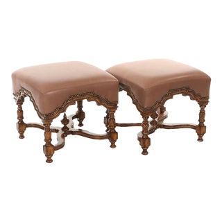 1990s Set of Marge Carson Leather William and Mary Footstools Ottomans Nailhead For Sale