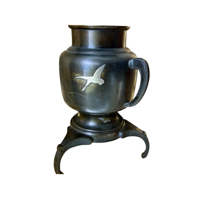 Antique Japanese Bronze Usubata Vase – Meiji Period, Crane and Bamboo Inlay. An exceptional piece of late 19th to early...