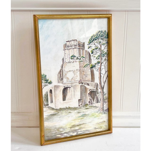 Vintage French Provincial Roman History Original Drawing of La Tour Magne in Nimes Southern France Signed by Artist Bonnefoi, Framed. For Sale - Image 10 of 12