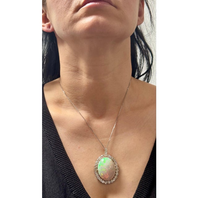 52 Carat Oval Ethiopian Opal & Diamond Pendant 14 Karat White Gold Necklace For Sale - Image 9 of 18