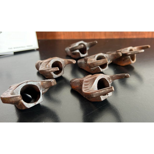 Wood Vintage 1950's Water Buffalo / Bull Head Carved Wood Napkin Rings - Set of 6 For Sale - Image 7 of 9