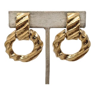 Vintage 1980s Signed Givenchy Goldtone Wavy Hoop Clip Earrings- 2 Pieces For Sale
