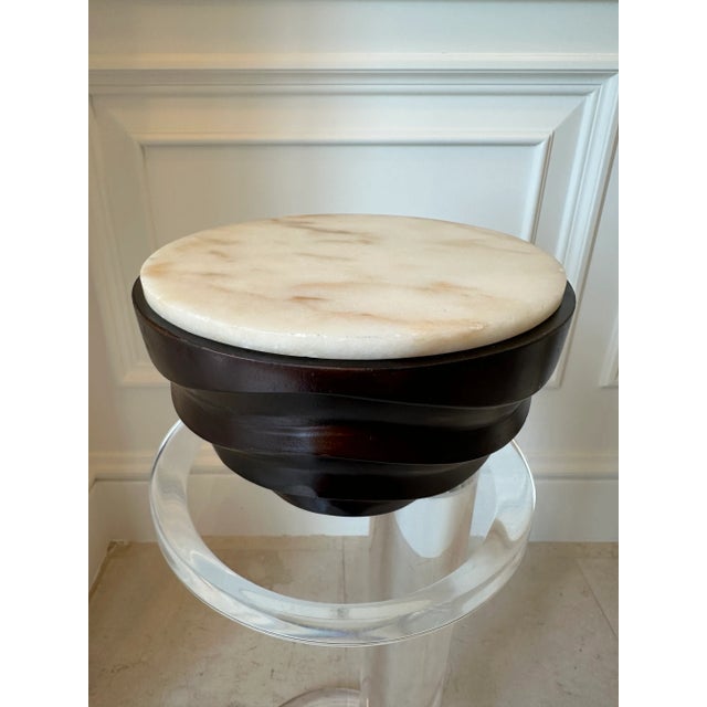 Contemporary Vintage 1970’s Handcarved Wood Bowl With Cork Lined Marble Top For Sale - Image 3 of 15