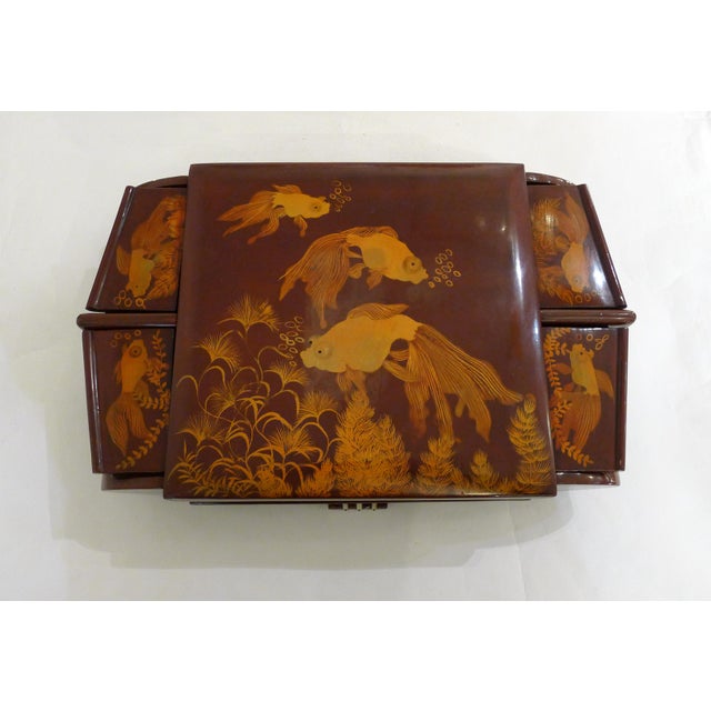 Mid-Century Modern Large Mid-Century Asianf Lacquered Wood Jewelry Box with Fish, 1950s For Sale - Image 3 of 18