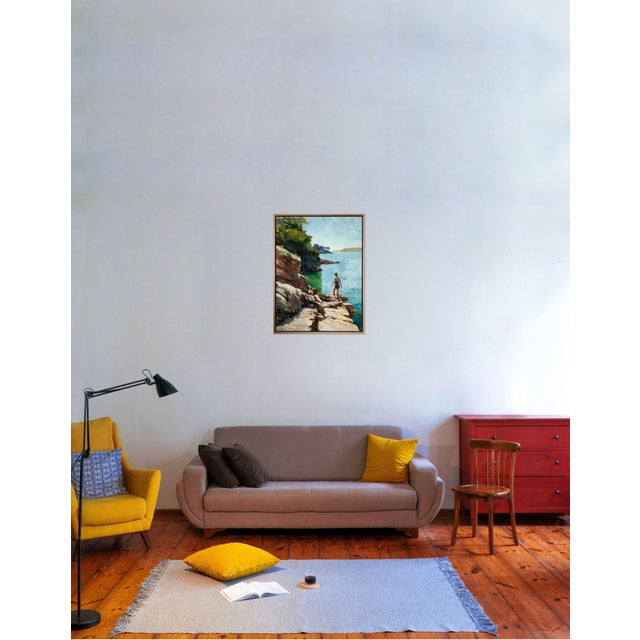 Contemporary Into the Reflections by Jon Doran | Oil on Panel Swimmer on Sunlit Rocks by the Sea For Sale - Image 9 of 9