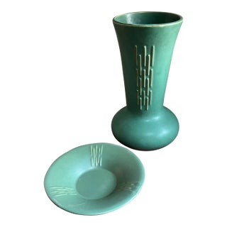 Set of Two 1920s Brush McCoy Art Pottery Pieces Large Vase and Flower Dish For Sale