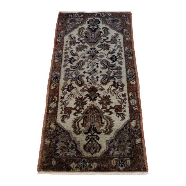 Small Vintage Oushak Rug 1x3 Neutral Undyed Wool Turkish Bathroom Mat Entry Mat This charming vintage Turkish mat features...