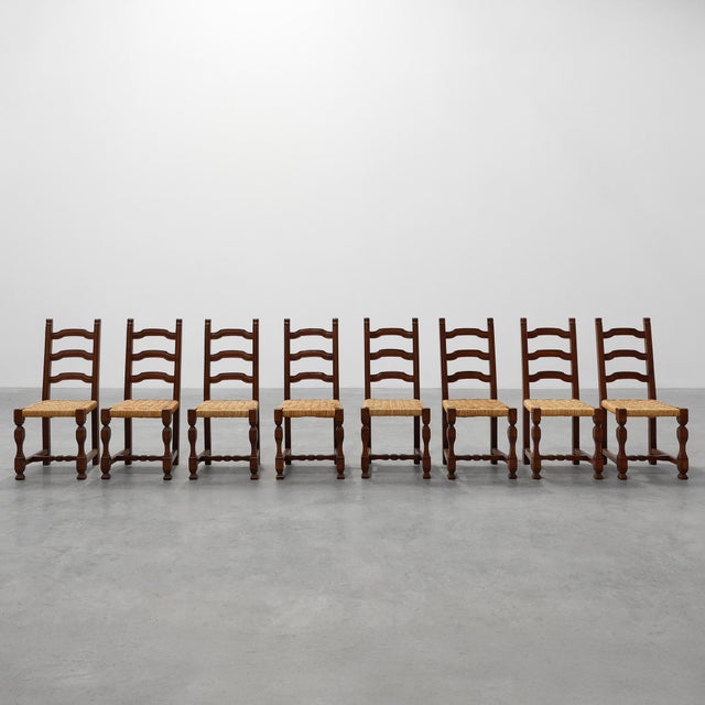 Mid-Century Brutalist Chairs in Wood and Wicker, Belgium, 1970s, Set of 8 For Sale - Image 17 of 17