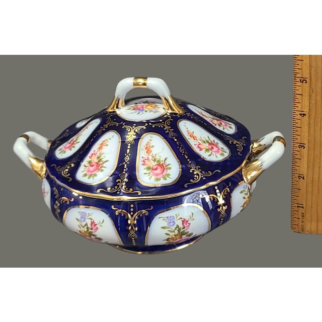 Vintage Cobalt Blue Fine Porcelain Hand Painted Floral Roses Gilded Covered Dish For Sale - Image 4 of 7